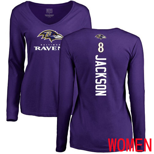 Baltimore Ravens Purple Women Lamar Jackson Backer NFL Football #8 Long Sleeve T Shirt